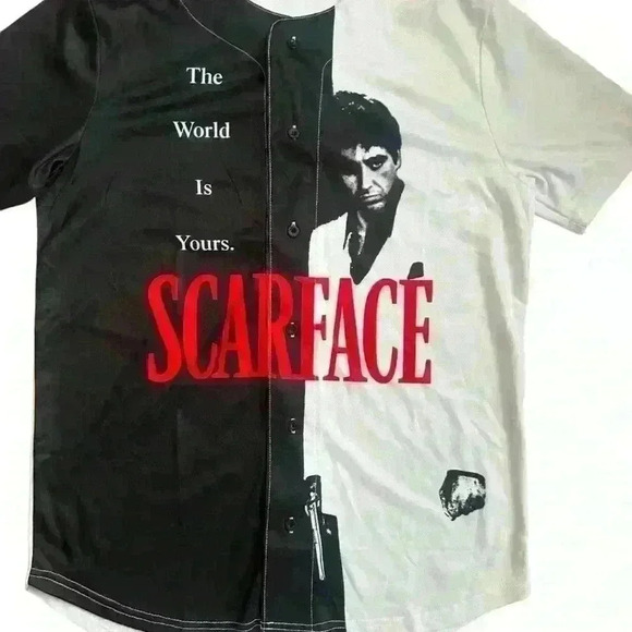 Scarface Jersey NWT Medium Coloblock Tony Montana The World Is Yours Button Up - Picture 2 of 5
